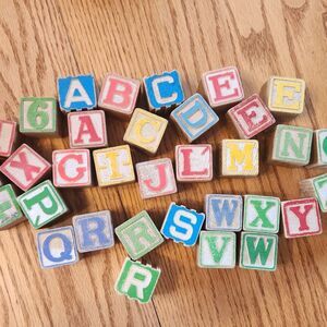35 vintage wood building blocks-letters numbers & animals red blue yellow green